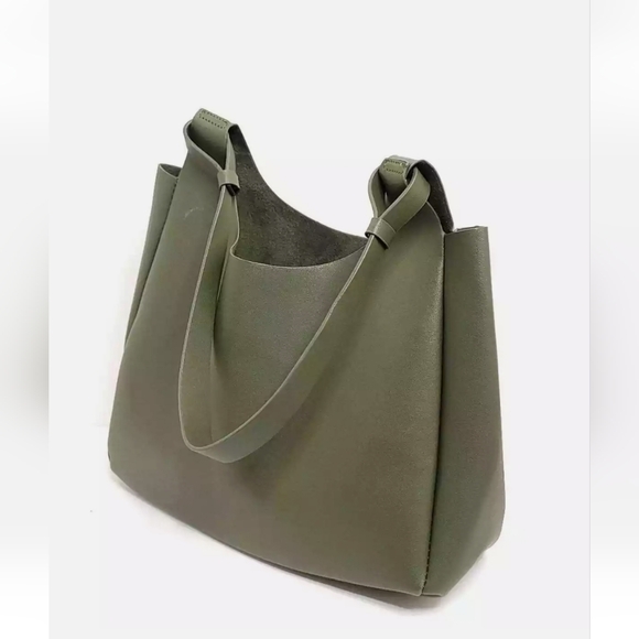 Neiman Marcus Handbags - Neiman Marcus Green Shoulder Vegan Leather Bag with Modern Trapezoidal Design